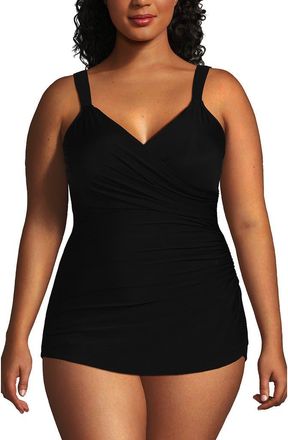 Lands End Plus Size Long Slender V-Neck Tummy Control Chlorine Resistant Skirted One Piece Swimsuit in Black at Nordstrom, Size 22W