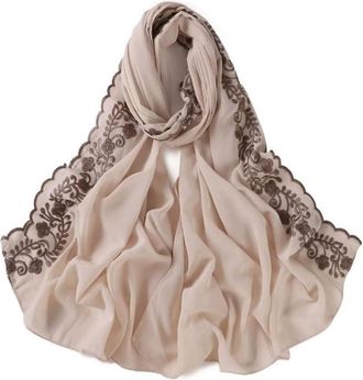 Generic Women Scarf Shawl with embroidered pearl chiffon Plain Long All Seasons Sizes 175 * 70CM (Light beige with brown embroidery)
