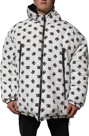 Dolce & Gabbana Mens White Dg Monogram Hooded Puffer Jacket Polyester Clothing