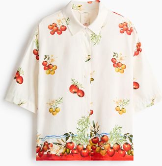 H&M Oversized Bluse aus Leinengemisch - Cremefarben/Tomaten