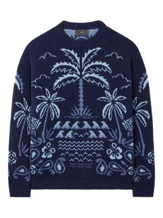 Alanui Glimpse of Eden palm-tree intarsia sweater - Blue