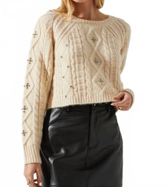 Astr Crystal Embellished Long Sleeve Sweater In Cream