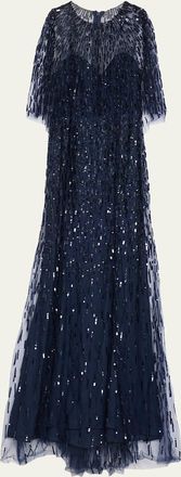 Monique Lhuillier Sequined Tulle Capelet Trumpet Gown