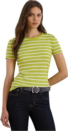 Lauren Ralph Lauren Striped Button-trim Rib-knit T-Shirts Womens Clothing Lime Chartreuse/White : LG, Cotton/Elastane/Modal
