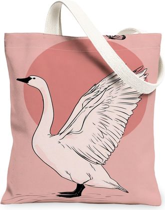 Generic Swan Canvas Tote Bags, Elegant Bird Design Reusable Grocery Bags, Spring Floral Lightweight Washable Shoulder Strap Canvas, Peach, 13x15 Inch