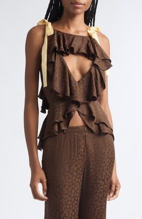 Siedres Marian Crop Ruffle Satin Jacquard Top in Brown/yellow at Nordstrom, Size 38