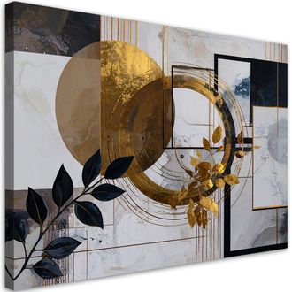 Feeby Impresi&oacute;n De Imagen, Formas Abstractas C&iacute;rculos Y Hojas En Beige Y Dorado, 100x70