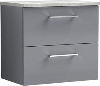 Nuie Arno Wall Hung 2-Drawer Vanity Unit with Bellato Grey Worktop 600mm Wide - Satin Grey - Nuie