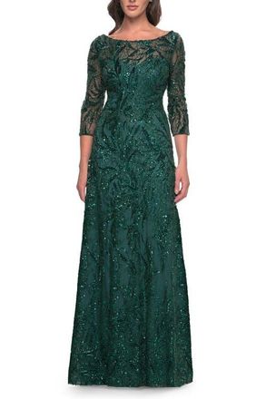 La Femme Beautiful Beaded Long Dress with Illusion Sleeves in Emerald at Nordstrom, Size 8
