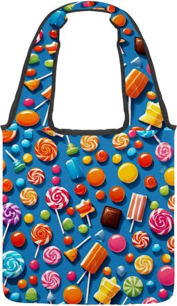 Generic Blue Candy Pattern Reversible Canvas Shoulder Tote - Double-Sided Print, 12oz Cotton, 27cm Drop, Fold-Flat Bag for Travel, Shopping, Street Outings