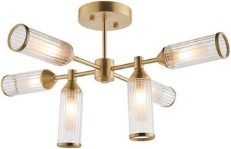 Loops Brass Semi Flush 6 Bulb Ceiling Light - Ribbed Glass Shades & Frosted Diffusers
