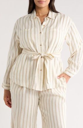 Liverpool L.A. Stripe Belted Shacket in Cream/Tan Rg Stripe at Nordstrom, Size 3 X