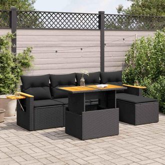 vidaXL Set Sof&aacute;s Jard&iacute;n Y Cojines 6 Pzas Rat&aacute;n Sint&eacute;tico Acacia Negro Vidaxl