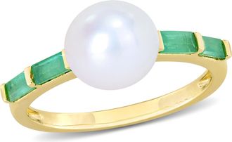 Mimi & Max 8-8.5mm Freshwater Cultured Pearl 1/2ct TGW Baguette Emerald Ring 10k Yellow Gold