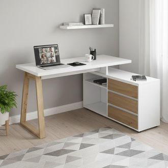 Dmora Escritorio Hachette, 3 Cajones, 2 Compartimentos Made In Italy, Color Blanco, 135x75x120h Cm Blanco Brillante