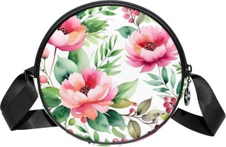 Generic Circle Crossbody Bag for Women, Floral Leaves Small Sling Bag Daypack with Zipper Adjustable Shoulder Straps Casual Ladies Girls Round Purse