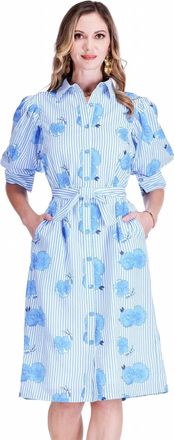 Jade Yoga Puff Sleeve Shirt Midi Dress In Bluebell Stripe