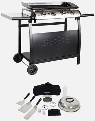 Sweeek Piastra plancha a gas in acciaio inox con 4 bruciatori 10kW, carrello e utensili