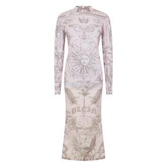 Philipp Plein Kleedjes, Dames, Roze, M, Polyester, Tulle Maxi Jurk Open Rug Vlinder Tattoo