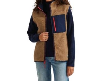 Eddie Bauer Zip Up Chilali Faux Shearling Fleece Vest In Navy Tan