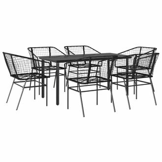Berkfield Home 7 Piece Garden Dining Set Black Poly Rattan Glass