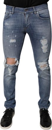 Dolce & Gabbana Mens Blue Tattered Cotton Stretch Skinny Denim Jeans Clothing