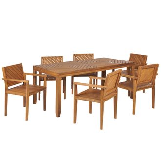 Beliani Conjunto De Comedor 6 Plazas De Madera De Acacia Clara Mesa Sillas Reposabrazos Baratti