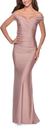 La Femme Off the Shoulder Prom Dress with Sweetheart Neckline in Mauve at Nordstrom, Size 00