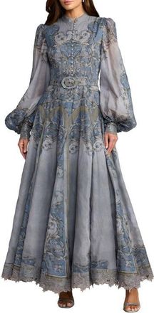 Mac Duggal Bishop Sleeve Printed Cotton A-Line Dress in Slate Blue at Nordstrom, Size 14
