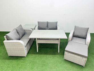 Fimous High Back Poly Rattan Garden Furniture Set w/ Reclining Chair Loveseat Sofa Rectangular Dining Table Indoor Outdoor Patio Set Big Stool Side