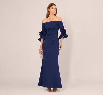 Adrianna Papell Off Shoulder Bell Sleeve Rosette Gown In Navy Sateen
