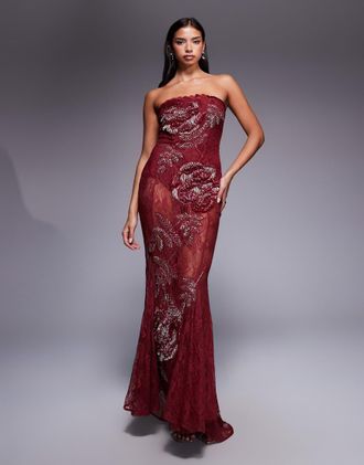 Asos Vestito lungo a fascia in pizzo decorato con corsetto e gonna a sirena color mora-Rosso