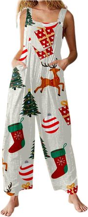 Generic Xmas Onesies Christmas Jumpsuit for Women UK Santa Claus Print Dungarees Snowman Print Tunic Long Overall High Waist Slim Fit Fitness Onsies Romper Wi