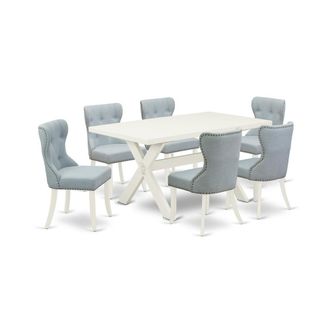 East West Furniture 7-Piece Dining Set- 6 padded parson chairs with Baby Blue Linen Fabric Seat and Button Tufted Chair Back