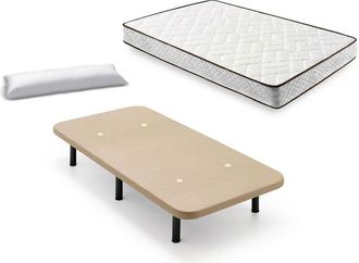 HOGAR 24 Cama Completa - Colchón Flexitex con Tejido 3D y Aloe Vera, Altura 18 cm + Base Tapizada Beige con Patas de 25 cm + Almohada de Fibra, 90x190 cm