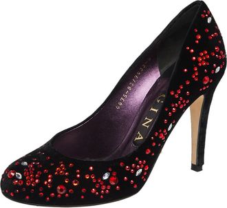 Gina Black Velvet Embellished Round Toe Pumps