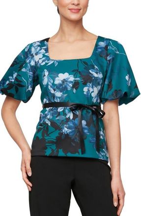 Alex Evenings Floral Puff Sleeve Square Neck Top in Teal Multi at Nordstrom, Size Small