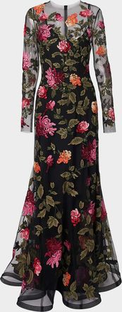 Carolina Herrera Floral-Embroidered Tulle Gown