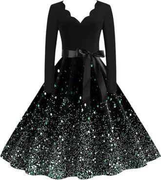 Generic Christmas Dresses for Women Tunic Party Dresses Elegant Ladies Dress A-Line Christmas Long Sleeve Cocktail Swing Dress Winter Festival Jumper (4-Green