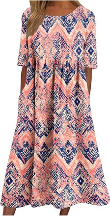 Generic Summer Dresses for Women UK Italian Short Sleeve Crew Neck Floral Dresses with Pockets Casual Flower Print Swing Midi Dress Loose Lounge Pullover Dres