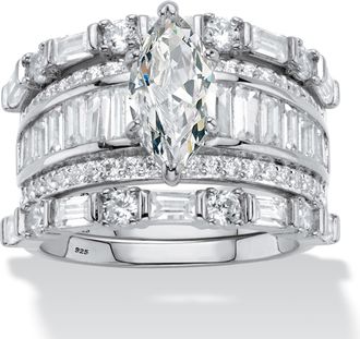 Palm Beach Jewelry 5.38 Cttw. Round Cubic Zirconia Platinum-plated Silver 3-Piece Wedding Ring Set