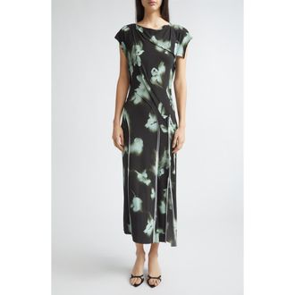 Jason Wu Blurred Floral Print Draped Jersey Dress in Hunter Green/light Aqua at Nordstrom, Size 10
