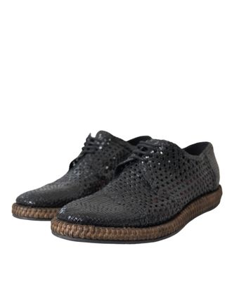Dolce & Gabbana Mens Black Woven Goat Leather Lace Up Derby Shoes And Brown