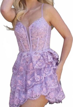 Jovani Tiered Mini With Glittered Floral Embroidery Dress In Lilac
