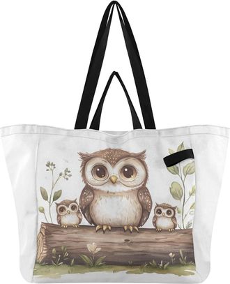 Generic Owl Family Beige print Reusable Canvas Tote Bag, Heavy Duty Grocery Shopping Bag with Large Capacity Hard Bottom Double Handles Work Groceries Travel