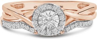 House of Brilliance 14K Rose Gold Plated Sterling Silver 1/6 Cttw Diamond Round Halo Bridal Set