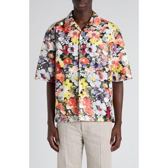 Bottega Veneta Floral Print Leather Camp Shirt in 8383 Multicolor at Nordstrom, Size 42 Us