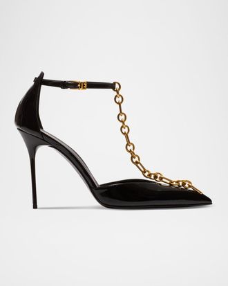 Balmain Sync Patent Leather Chain T-Strap Pumps