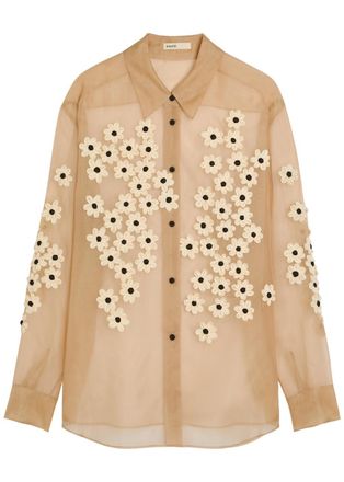 Khaite Argo Floral-appliqu&eacute;d Silk-chiffon Shirt - Beige - M (UK12 / M)