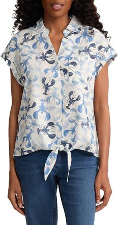Jones New York Lobster Print Tie Front Shirt in Natural White Multi at Nordstrom, Size X-Small